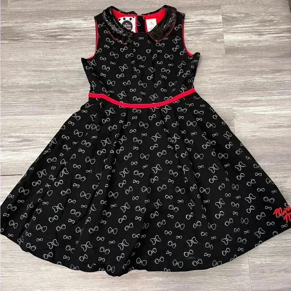 DISNEY STORE Minnie Rocks the Dots Bow Print Dress Black Sequin Collar‎ Sz 11-12 - Picture 1 of 9
